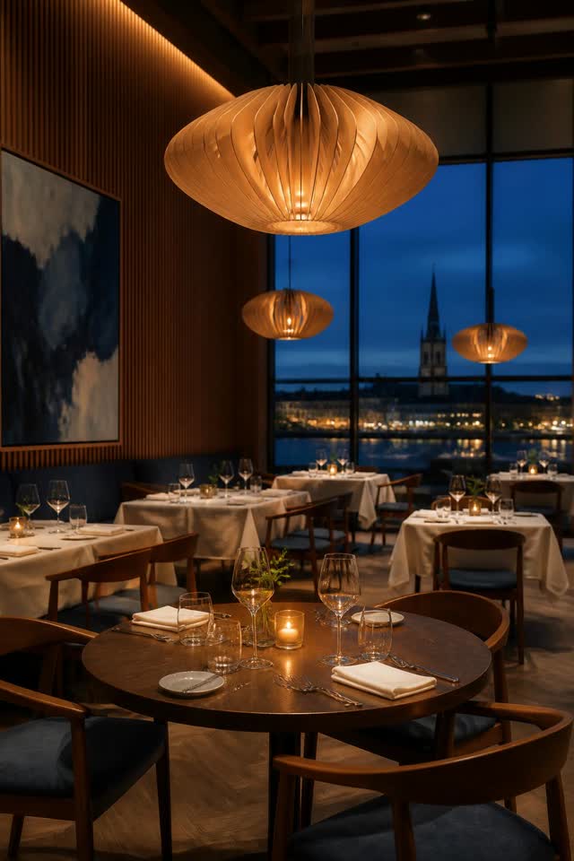 Warmly lit restaurant dining room with set tables